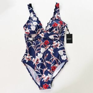 DKNY Sz 12 Scalloped One-Piece Swimsuit Navy Blue Red Floral Compression UV50+